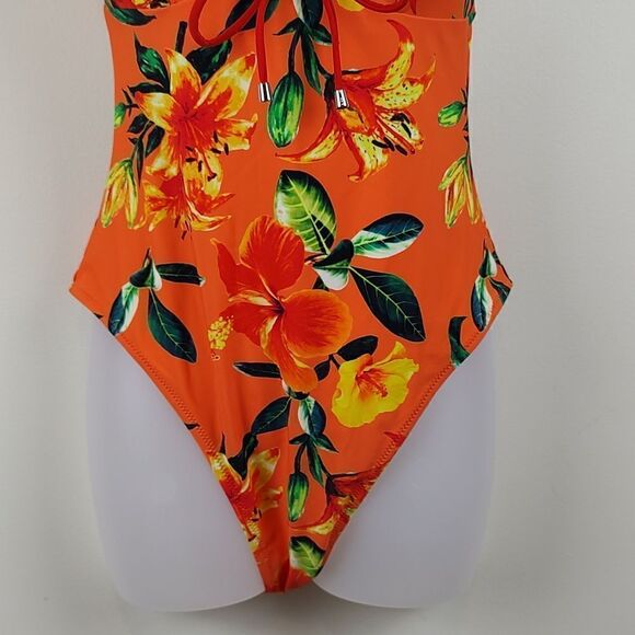 NWT Cupshe Tropical Orange Floral Lace Up One Piece Swimsuit Size L - Picture 7 of 12